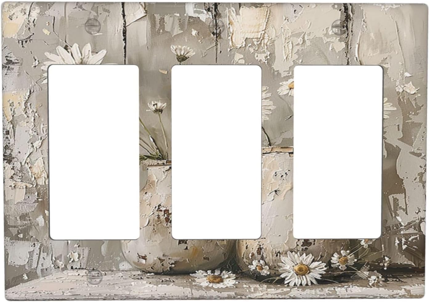 Light Switch Covers Vintage Rustic Floral White Daisy Flower Oil Painting Style 3 Gang Rocker Electrical GFCI Decorative Triple Outlet Wall Plate Cover Switchplate for Home Farmhouse Decor