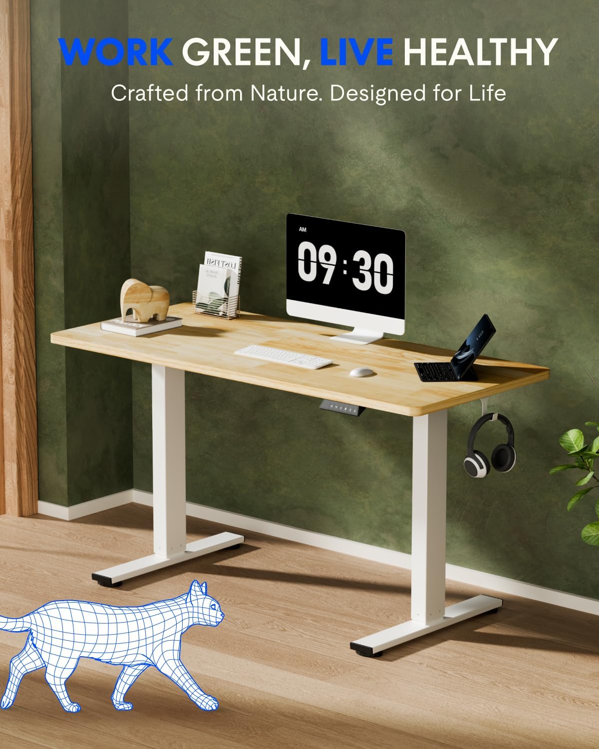 FLEXISPOT EN1 One-Piece Solid Wooden Standing Desk 55 x 24 Inches Height Adjustable Electric Sit Stand Home Office Desks (White Frame + Rubber Wood Top, 2 Packages)