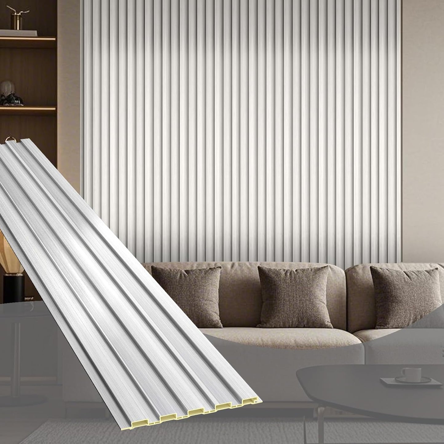 OUZUGIE WPC Acoustic Slat Wall Paneling, 8-Pack 96 x 6 Inches 3D Wall Panels for Interior Wall Decor,Living Room,TV Background,Study Room,Office Spaces,Bedroom,Low Grille (Metallic Silver)