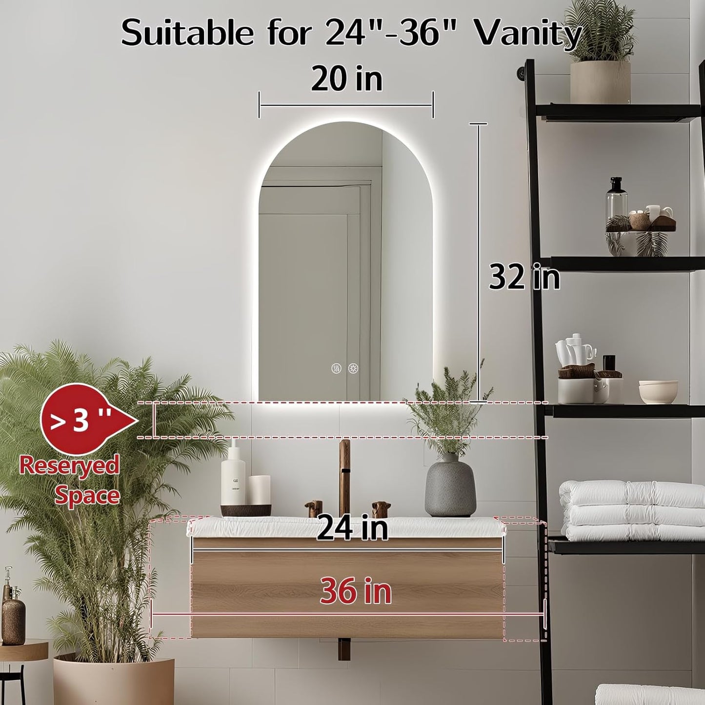 Niccy Arched LED Bathroom Mirror, 32x20 Inch Arch Frameless Backlit Mirrors for Wall Arched Lighted Vanity Mirrors Defogger and 3 Color, Explosion-Proof, HD Glass and IP65 Waterproof