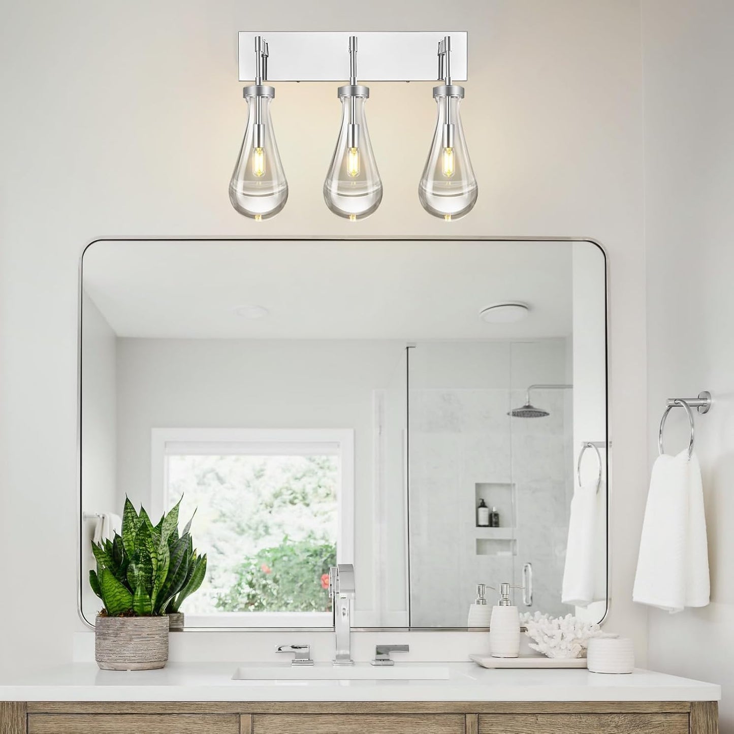 Raindrop Wall Sconces Chrome Crystal Sconces Wall Decor Modern Lighting Glass Bathroom Sconces Indoor Vanity Light Wall Lamp for Bedroom Living Room Stair(3-Light)