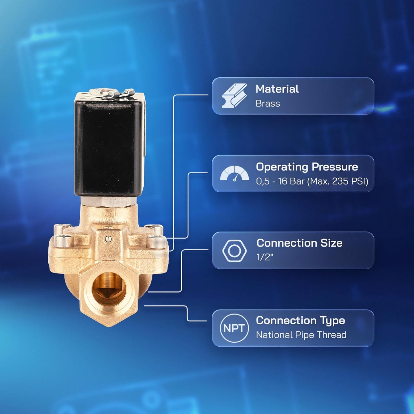 UNOX 1/2" NPT Solenoid Valve 12V DC, Brass Control Valve Normally Closed - 7-232 PSI Multi-Purpose Reliable Control Valve for Water, Air, and Gas - Solenoid Valves