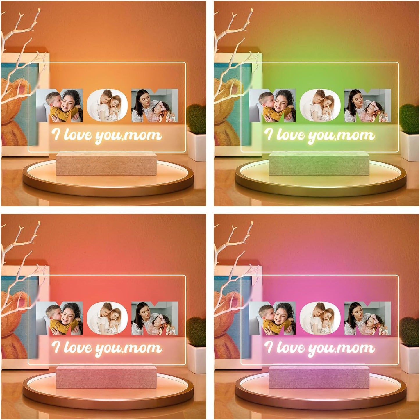 Custom Mom Picture Frame with Photo, Custom Photo Frame with Night Light, Customized Picture Frames, Personalized Valentines Day Gifts for Mom from Daughter & Son
