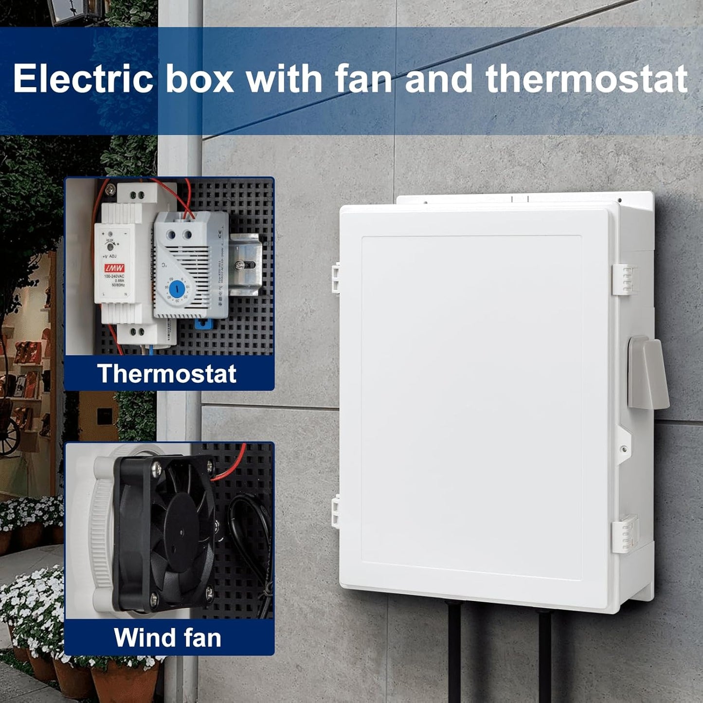 Outdoor Electrical Box with Thermostat and Fan, ABS Water Resistant Enclosure with Internal Mounting Panel & Hinged Cover, 18.1" H* 12.6" L* 6.3" W, Plug & Play.