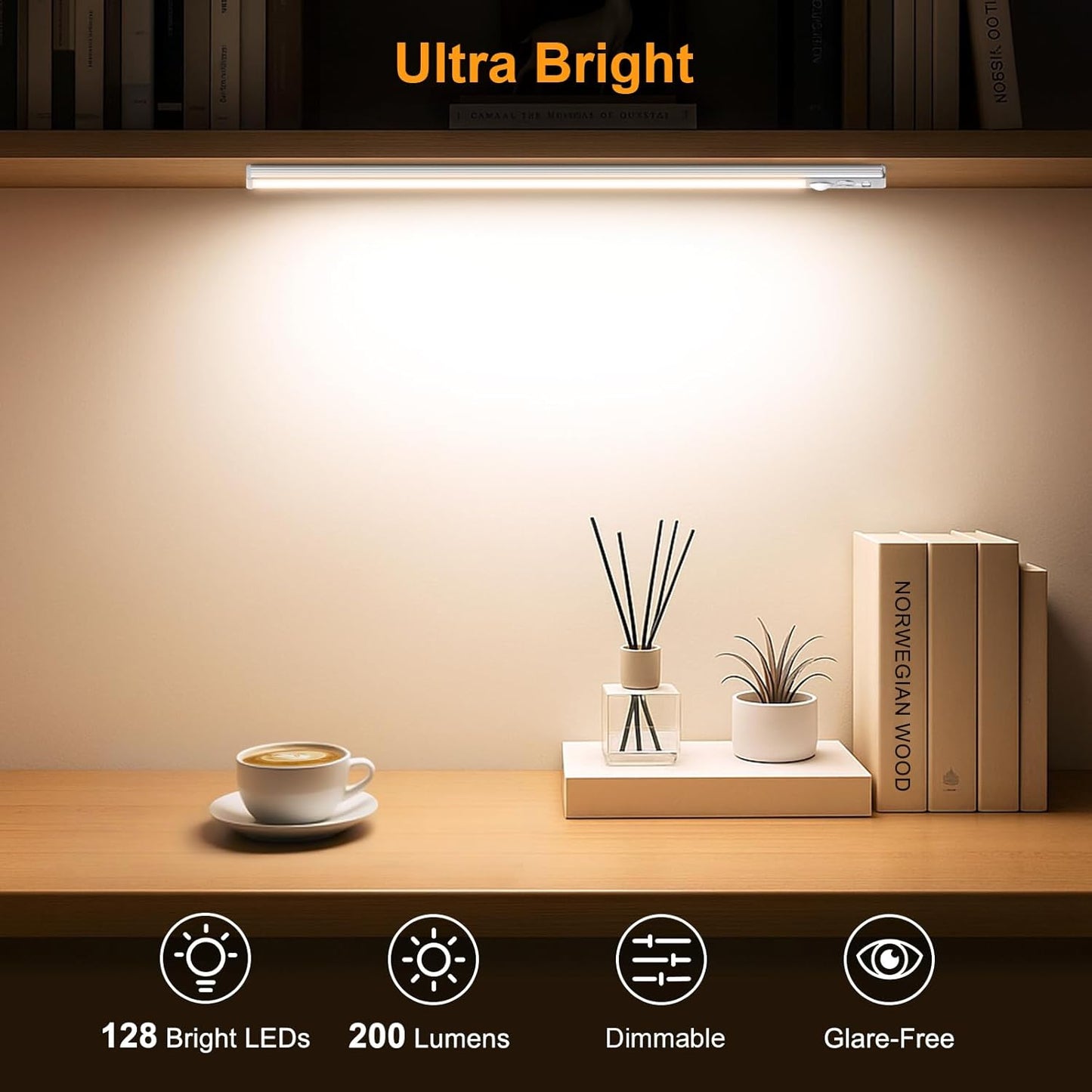 Gritin 14.7inch Under Cabinet Lighting Rechargeable - 128 LED Super Bright, 3-Color&5 Level Brightness, 4 Modes, Motion Sensor, Long Lasting-Easy Installation Magnetic Closet Lights - 2 Pack-Silver