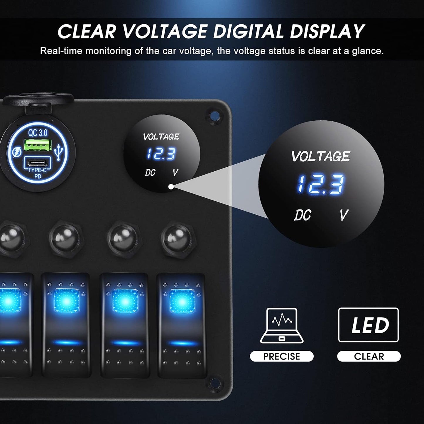 MKING 6 Gang Marine Switch Panel - Waterproof Rocker Switches with USB & Type-C Charger, Circuit Breaker, Digital Voltmeter, and Power Socket, Compatible with 12V-24V Vehicles