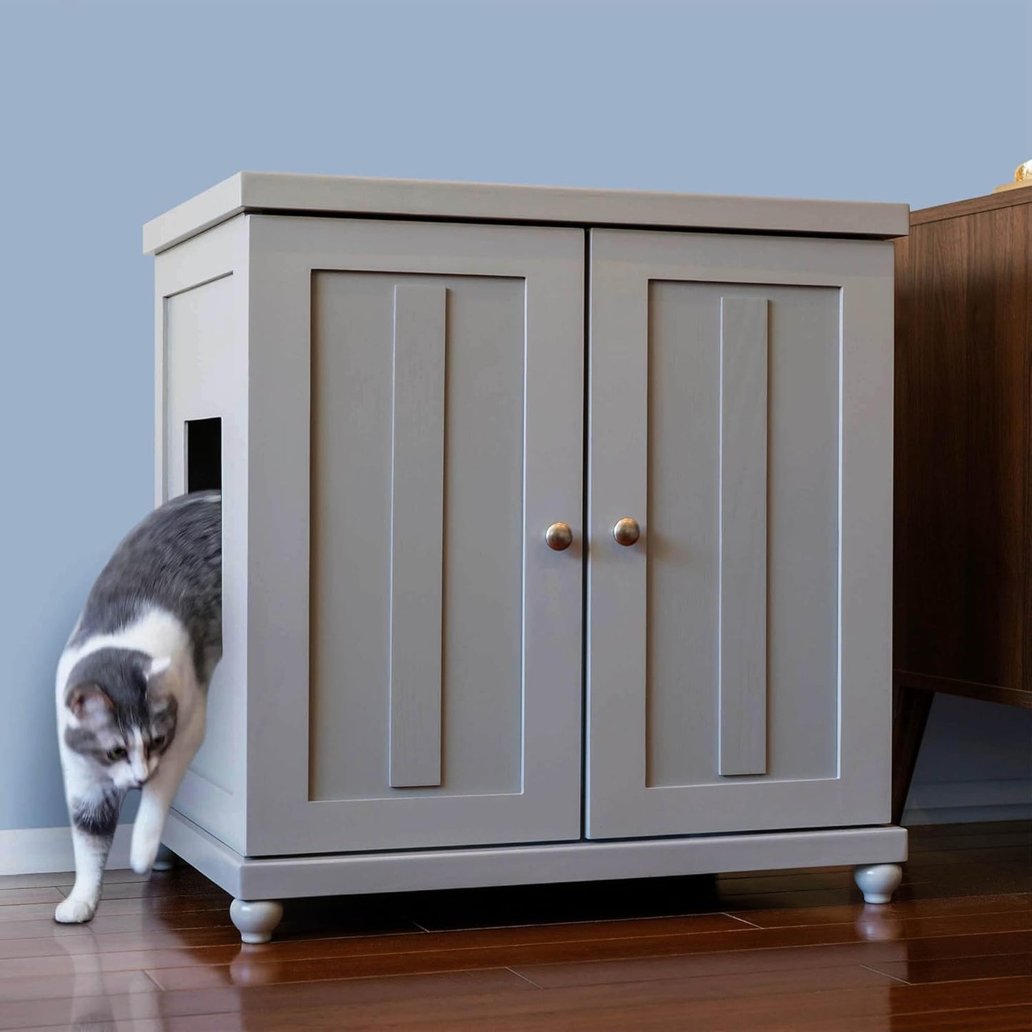 The Refined Feline Cat Litter Box Enclosure Cabinet, Shaker, Smoke Gray, Tulip Feet, Large, Hidden Litter Cat Furniture with Drawer