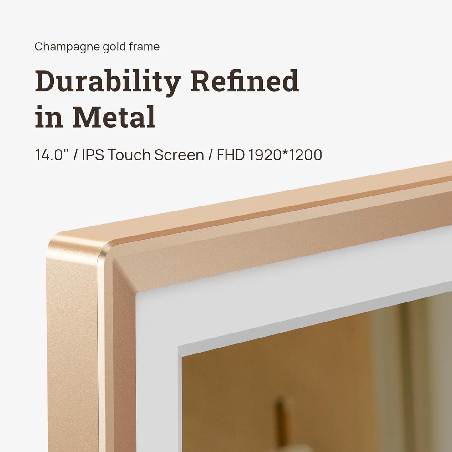 ARZOPA D14 Metal Digital Picture Frame with Large Display 14" HD IPS Anti-Glare Touch Screen Load Photos & Videos Directly from Phone Exquisite Decoration Ideal for Upscale Gifting - Champagne Gold