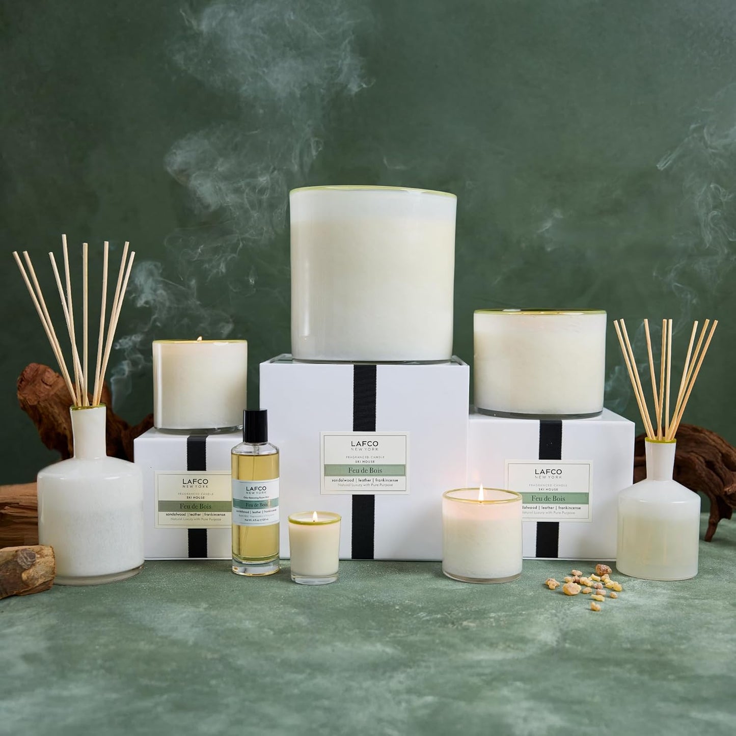 LAFCO New York Classic Reed Diffuser, Feu de Bois - 6 oz - Up to 3 Months Fragrance Life - Reusable Glass Vessel - Natural Wood Reeds - Made in The USA