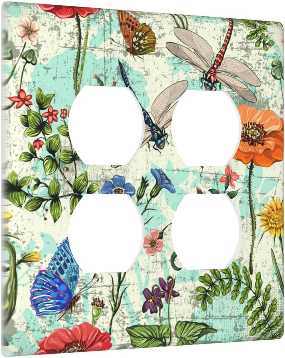 Dragonflies Flowers Butterfly 2 Gang 2 Duplex Outlet Light Switch Cover Decorative Wall Plate Cover For Home Living Bedroom Kitchen Decorative