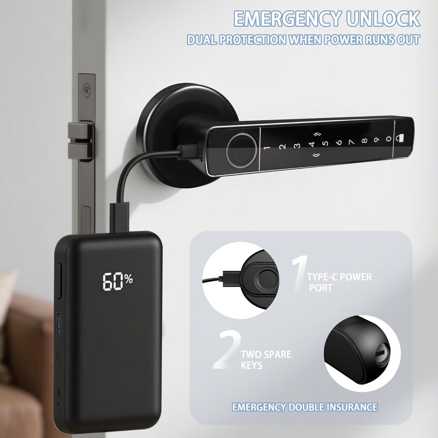 Fingerprint Door Lock Biometric Door Lock with Keypad & Keyless Entry - Smart Door Knob Handle for Bedroom/Home/Hotel/Office/Apartment - Supports APP/IC Card/Fingerprint/Key/Passcode Unlocking