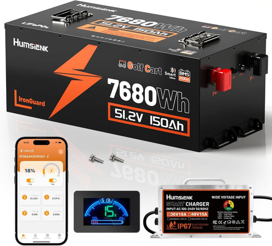 48V 150Ah Golf Cart Battery with Blade Cell & Metal Case, LiFePO4 Lithium Battery with 15A Charger, Bluetooth Mobile APP & LCD Monitor, 15000+ Cycles, 200A BMS with Low-Temp Protection for Golf Carts