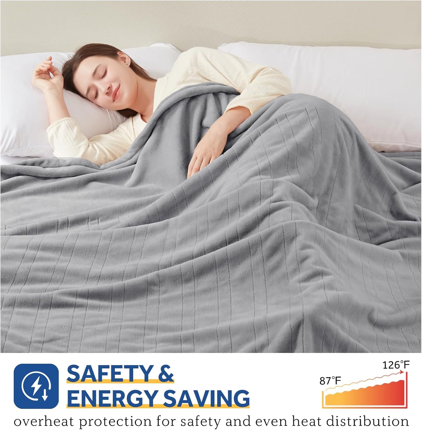 Sealy Electric Blanket Queen Size, Flannel Heated Blanket with 10 Heating Levels & 1-12 Hours Auto Shut Off, Machine Washable, Light Grey, 84 x 90 Inch