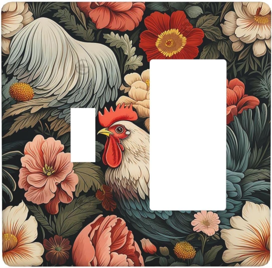 Outlet Covers Rooster Flowers Red White Chicken Floral 1 Toggle 1 Rocker Combination Decorative Wall Plate Electrical Switch Plates Light Switch Cover Plate for living Room Farmhouse Decor