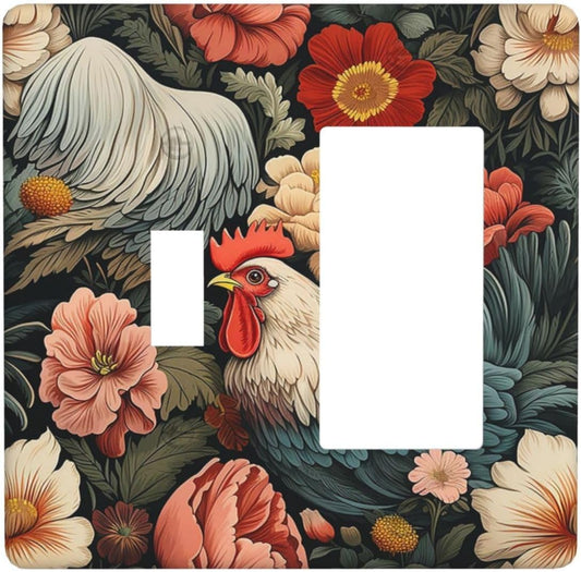 Outlet Covers Rooster Flowers Red White Chicken Floral 1 Toggle 1 Rocker Combination Decorative Wall Plate Electrical Switch Plates Light Switch Cover Plate for living Room Farmhouse Decor