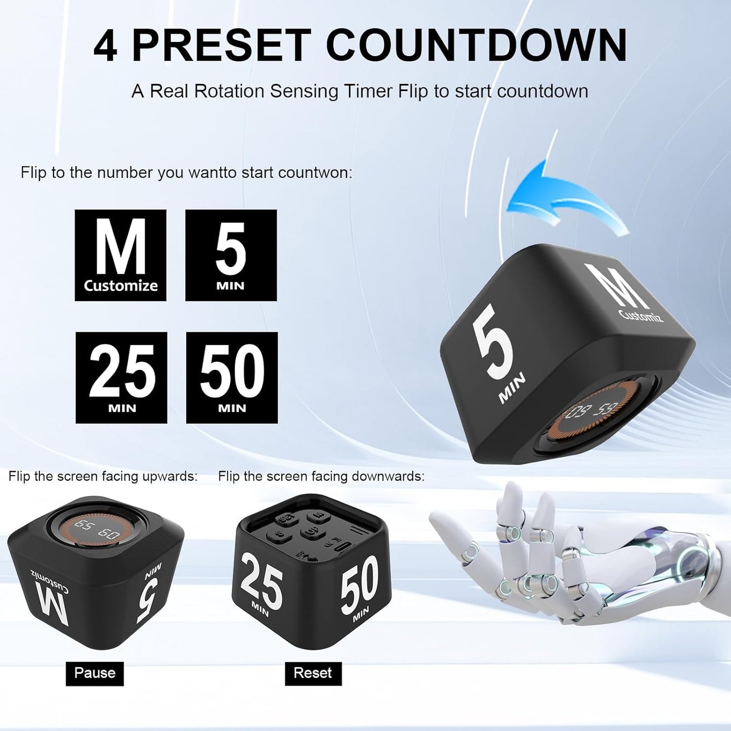 Rotating Cube Pomodoro Timer 5, 25, 10, 50 Min Preset + Custom Countdown, Desk Productivity Flip Visual Timer w/Silicone Case, Silent Mode, Ideal for ADHD Tool Study Work School (Black)