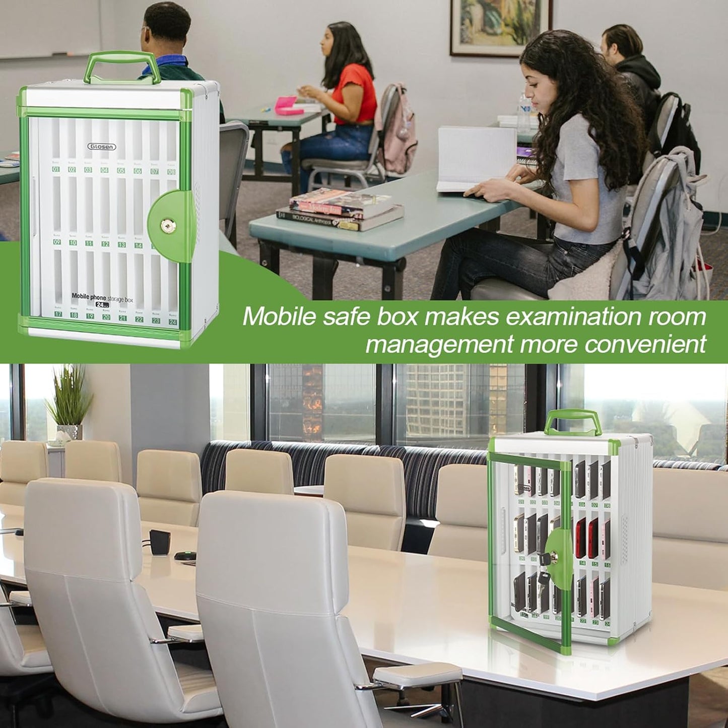 Glosen 24 Slots Cell Phone Locker, Portable Phone Storage Cabinet [Wall Mounted] [Aluminum Alloy] Cellphone Lock Box with Key & Handle for School Classroom Office Exam (Green)
