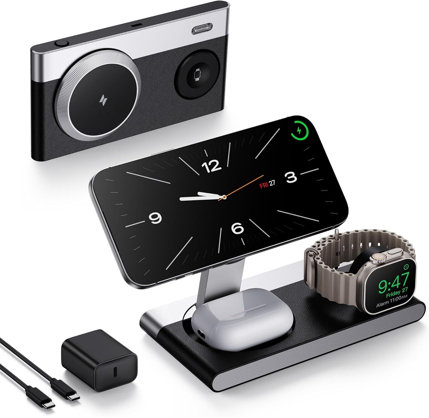 Foldable 3 in 1 Magnetic Wireless Charging Station for Apple Devices, Leather-Like Fast Wireless Charger Dock with Night Light for Magsafe iPhone 17/16/15/14/13/12 Series, Apple Watch, AirPod