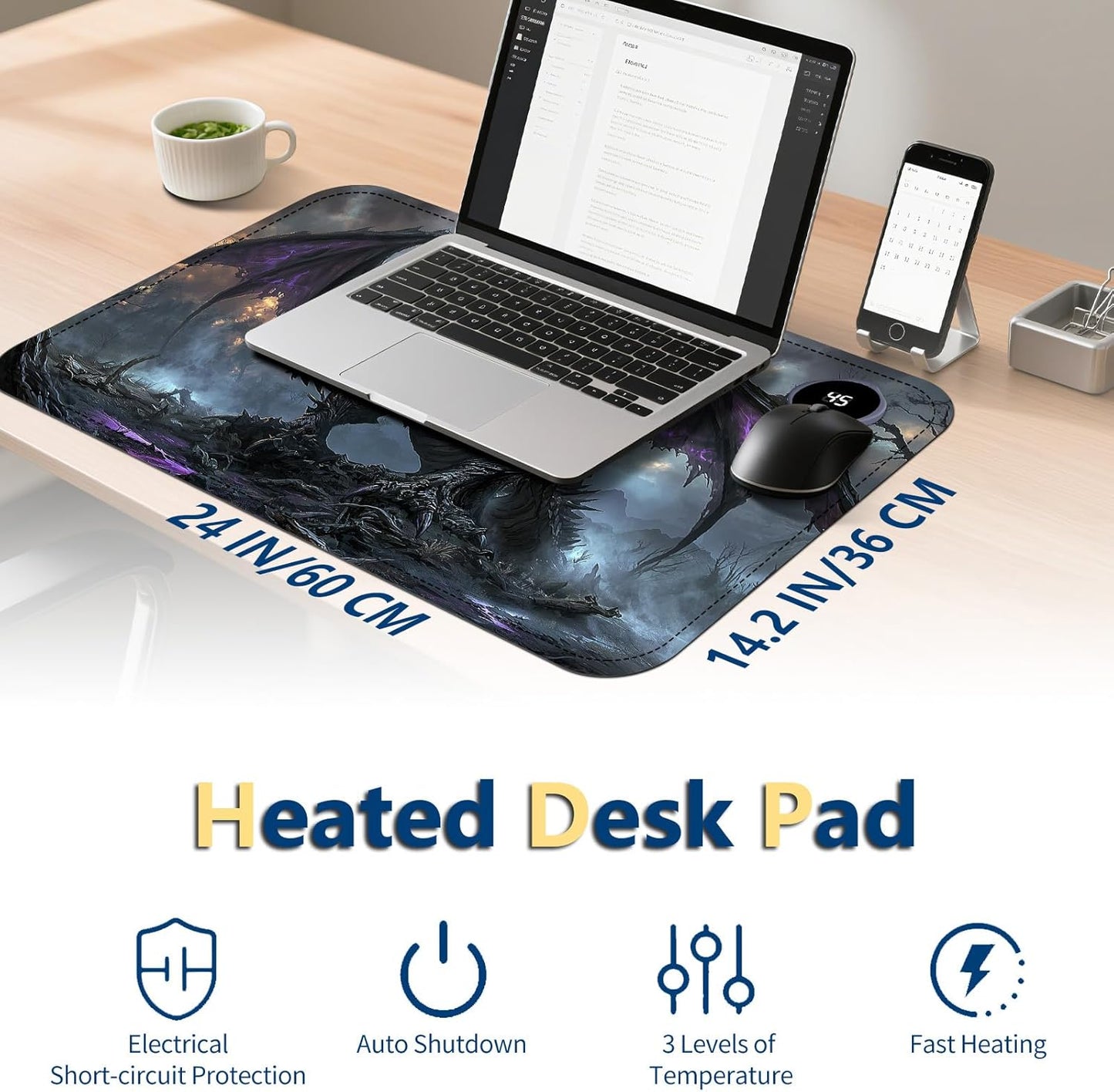 Heated Mouse Pad with 3 Temperature Settings(104°F–122°F),Large 24x14.2 Inch PU Leather Heated Desk Mat,Waterproof Warming Pad for Office,Gaming & Cold Hands Relief,Dark Dragon Fantasy
