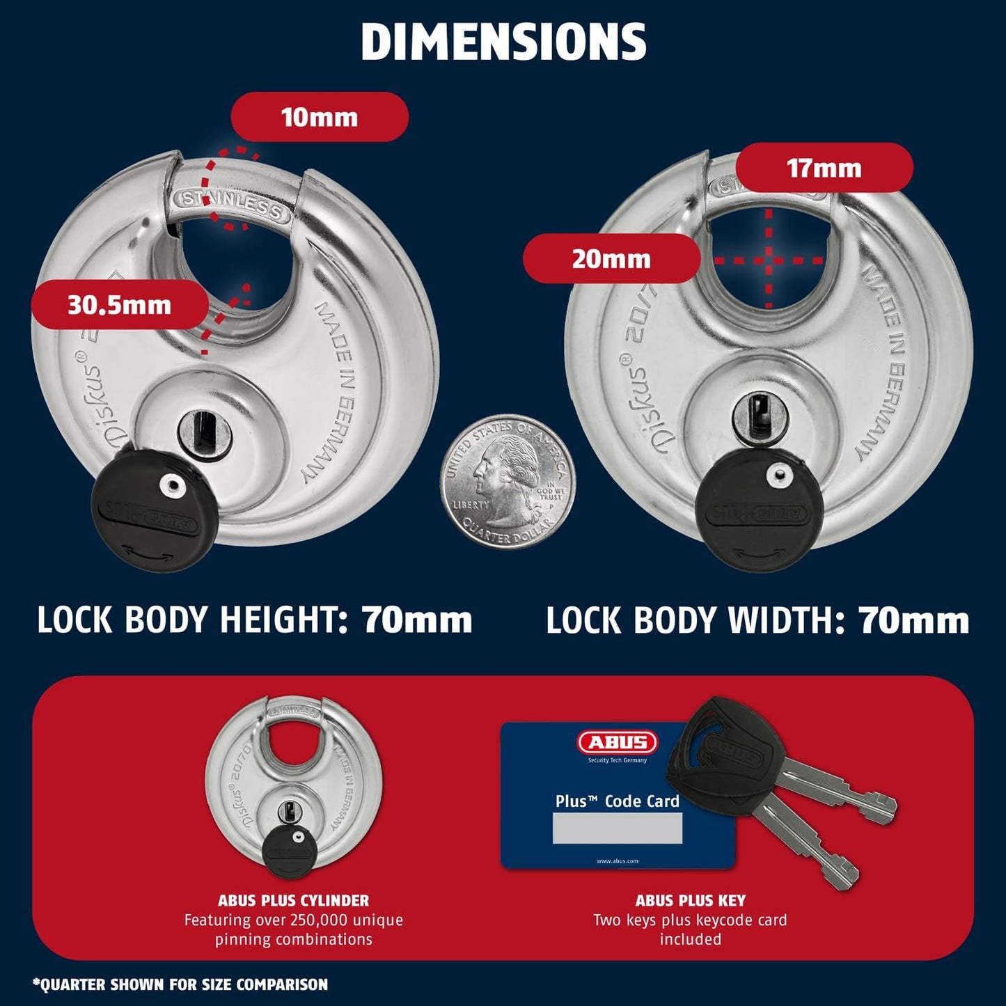 ABUS - Diskus 20/70 Padlock with Key - 6 Pack (2.75") 70mm - Heavy Duty Stainless Steel - Cut, Rust & Drill Resistant - Storage & Outdoor - Pad Lock with 2 Keys (Keyed Different) - Locker Lock