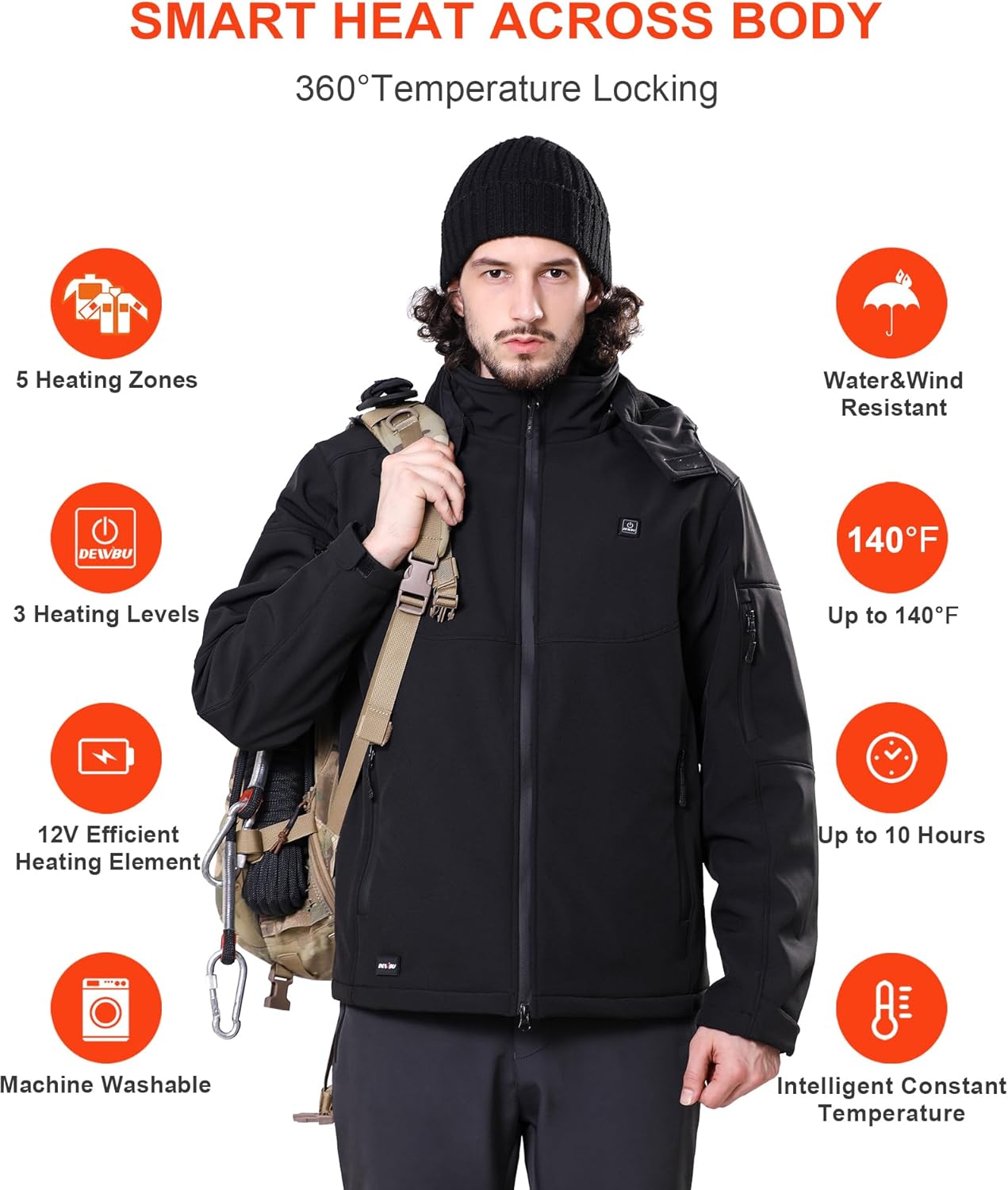 DEWBU Soft Shell Heated Jacket for Men with 12V Battery Pack and Detachable Hood Outdoor Electric Heating Coat