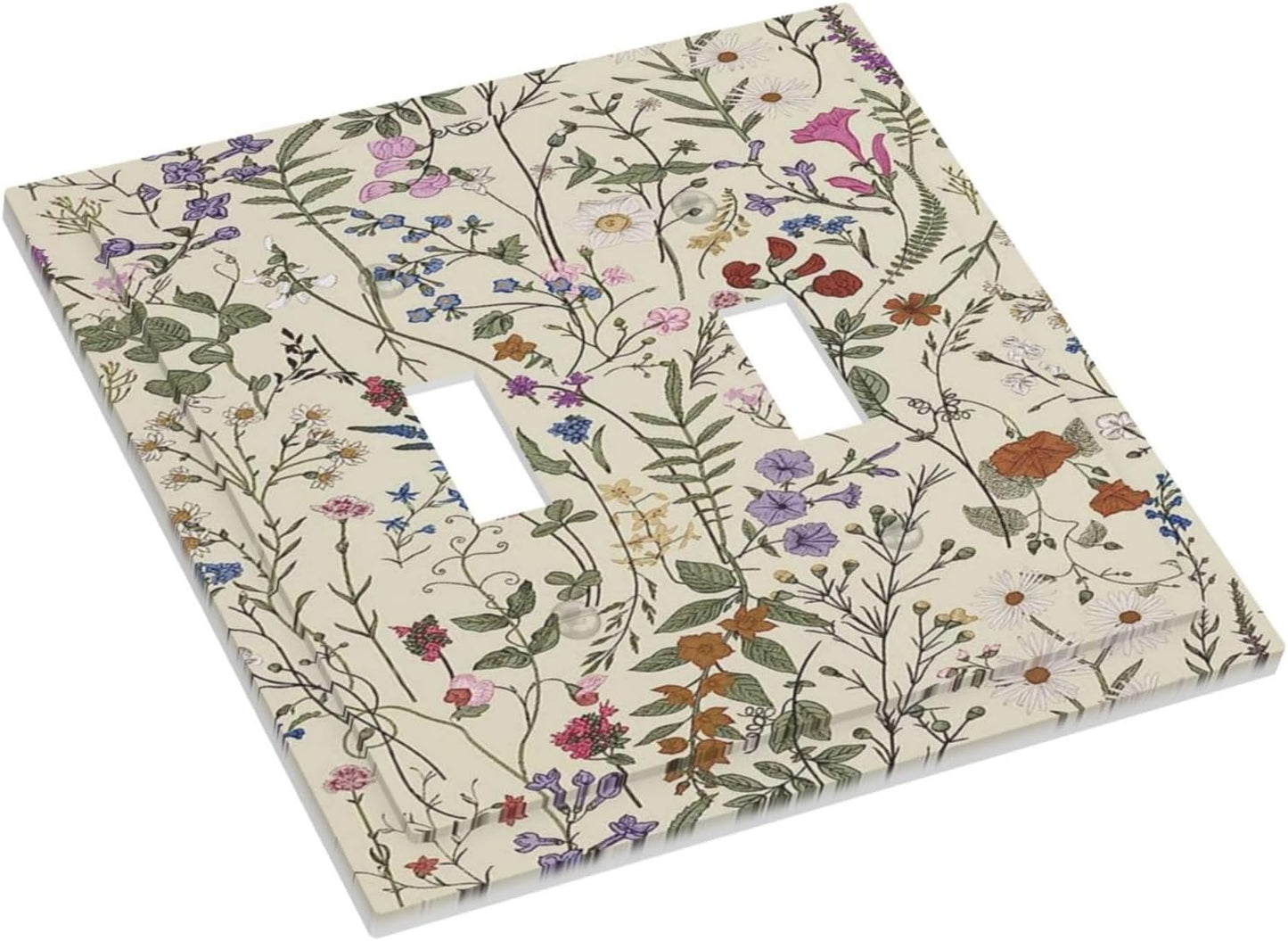 Beige Background Boho Flowers Plant Leaf Double Toggle Light Switch Covers 2 Gang Wall Plate Dual Decorative Switchplate Electrical Faceplate for Country Bathroom Bedroom Decor