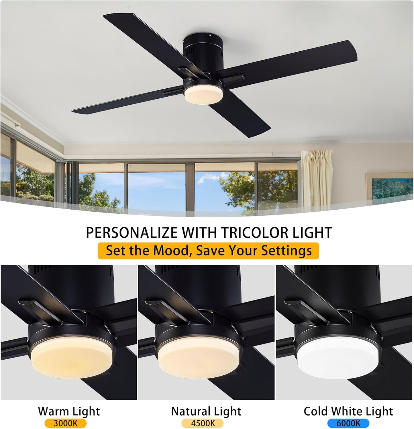 52 Inch Flush Mount Low Profile Ceiling Fan with Light and Remote Control, Reversible 4 Dual Finish Wood Blades, Indoor/Outdoor Ceiling Fan for Patio, Living Room, Bedroom