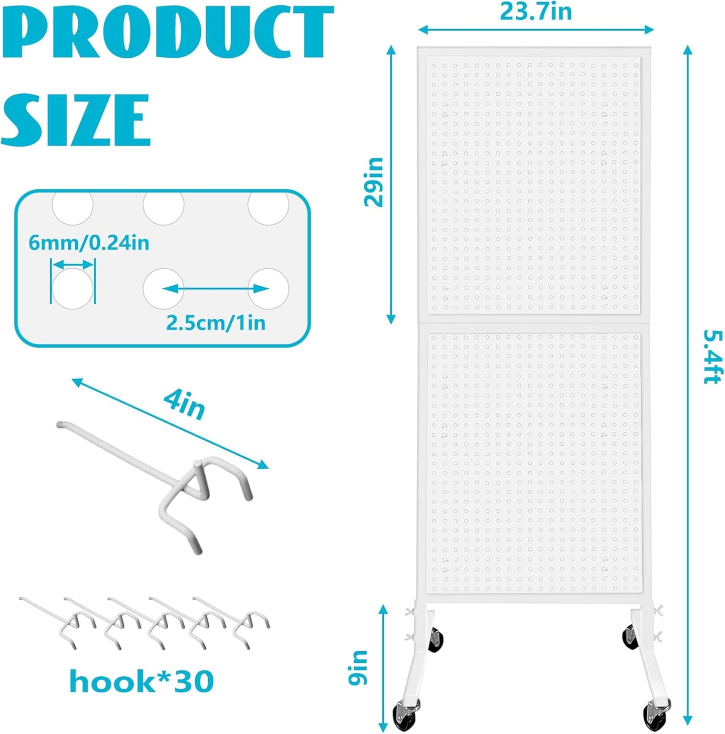 Royxen Standing Pegboard Display 2 x 5 Feet, Metal Pegboard with 30 Hooks, Peg Board Display Stand with Wheels for Vendors, Home and Retail Store (White)