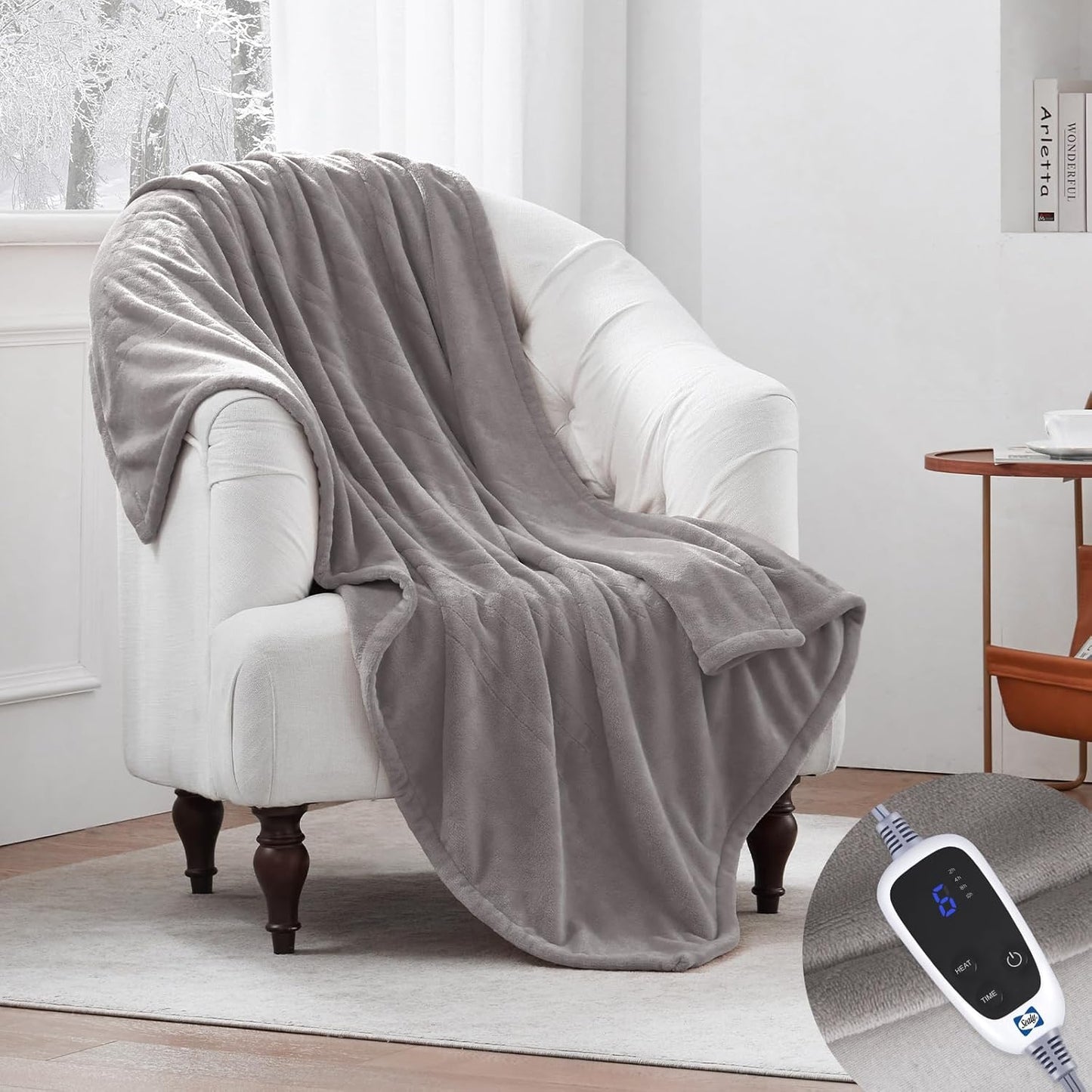 Sealy Heated Throw Blanket, Flannel Electric Blanket Throw with 6 Heating Settings & 2-10 Hours Auto Shut Off, Fast Heating & Machine Washable for Home Office Use, 50x60 Inch, Light Grey