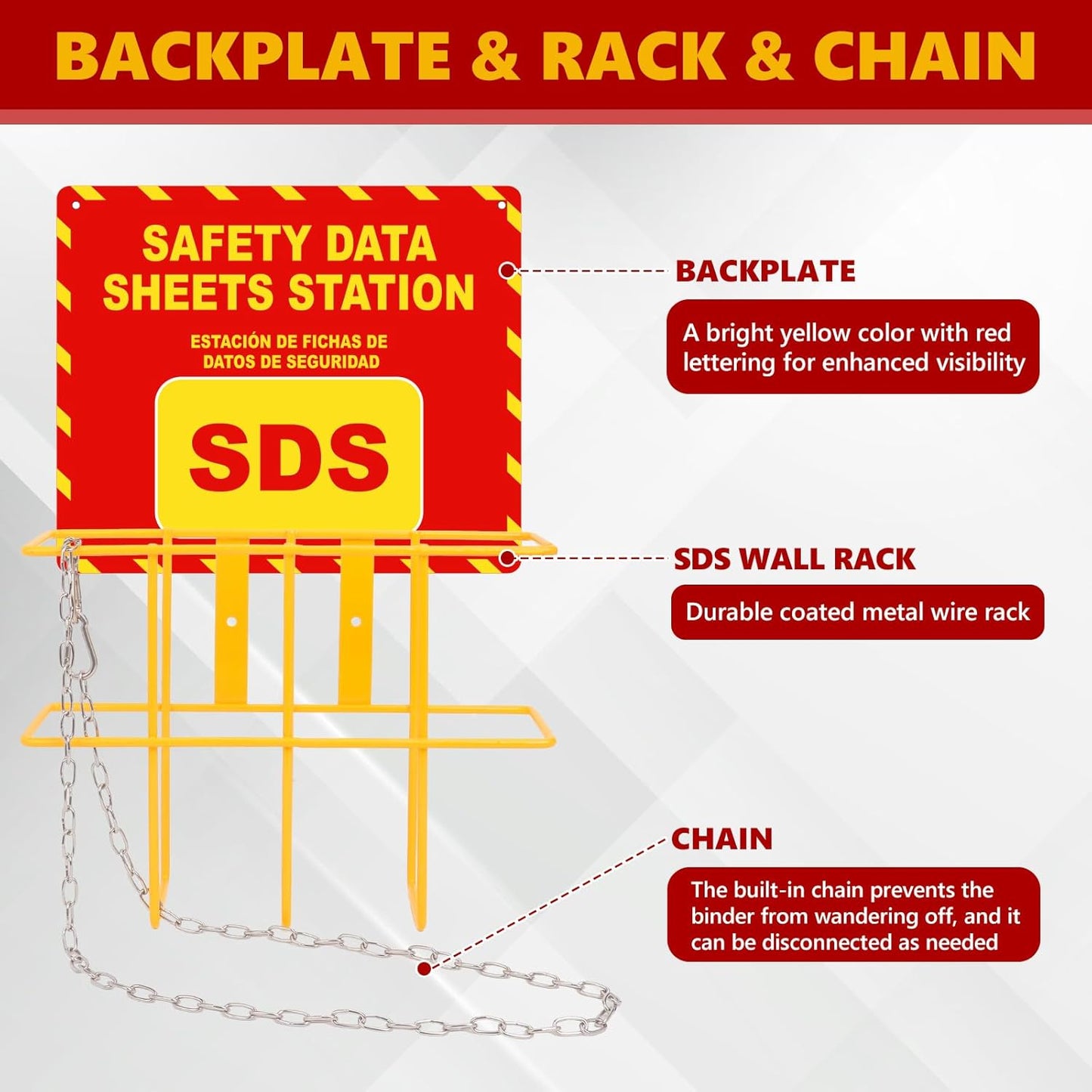 SDS MSDS Binder and Wall Station Bilingual Yellow 2 Inch Safety Data Sheet 3 Ring Binder with SDS Wire Rack Chain Self-tapping Screws SDS Station Sign Wall Mounted for Workplace English Spanish