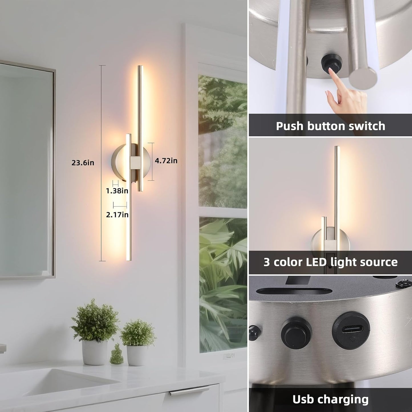 Battery Operated Wall Sconce Set of 2, Brushed Nickel 23.6" 3000K-6500K Dimmable Wall Sconces with Remote Control, Wireless Wall Light Rechargeable for Bedroom Hallway Living Room Background