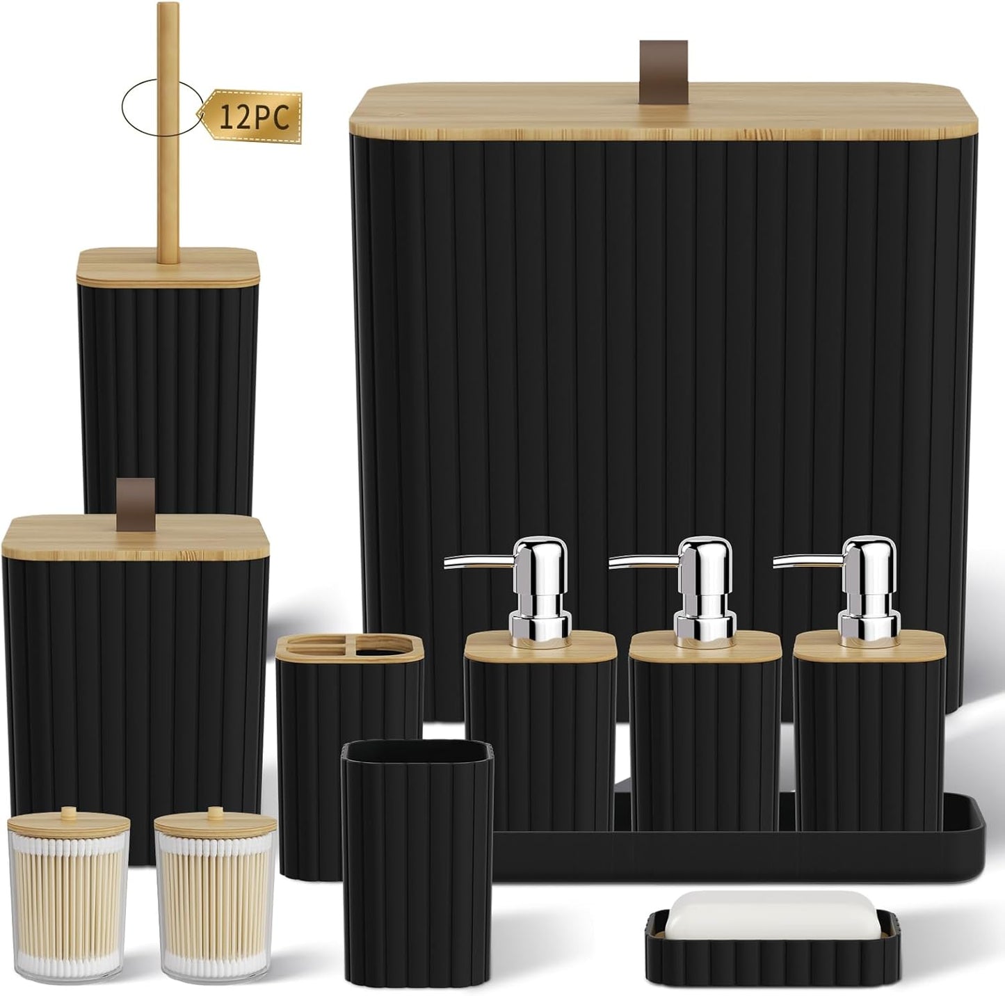Bathroom Accessory Set - Black Bathroom Set, 12PC Bathroom Accessories Set, Black Bathroom Accessories Set, Mini Trash Can, Toilet Brush, Trash Can & Soap Dispenser