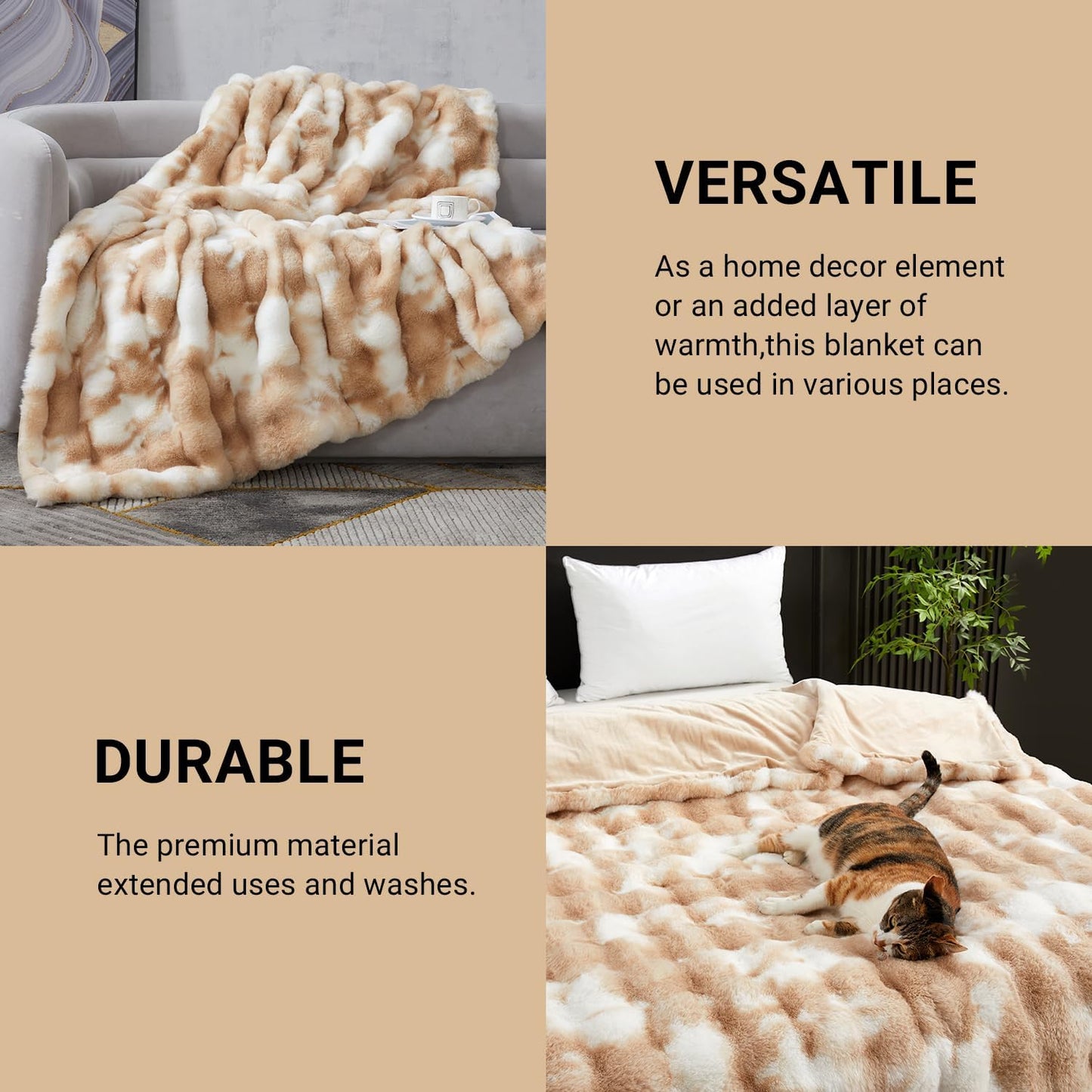 SAPHREAS Faux Fur Throw Blanket for Couch, Fluffy Fuzzy Bubble Blanket for Sofa Bed Living Room, Decor Soft Cozy Gifts for Women Men, 60x80” Tie Dye Khaki