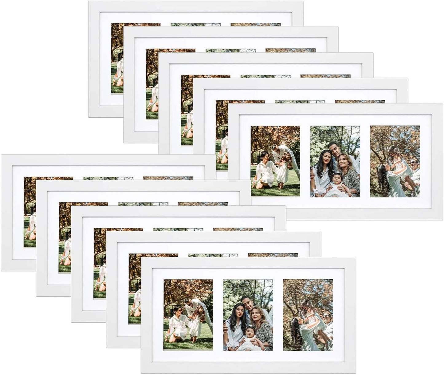 Golden State Art, Set of 10, 9x18 White Wood Frame - White Mat for Three 5x7 Pictures - Sawtooth Hangers- Swivel Tabs - Wall Mounting - Landscape/Portrait - Real Glass - Collage Frame