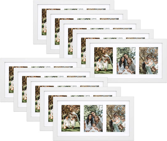 Golden State Art, Set of 10, 9x18 White Wood Frame - White Mat for Three 5x7 Pictures - Sawtooth Hangers- Swivel Tabs - Wall Mounting - Landscape/Portrait - Real Glass - Collage Frame