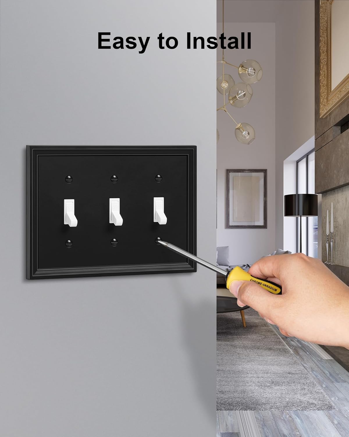 2-Pack Triple Toggle Light Switch Cover Plate, Black Decorative Switch Plate Covers, Natural Bamboo Fiber 3 Gang Wall Plate, Corrosion Resistant