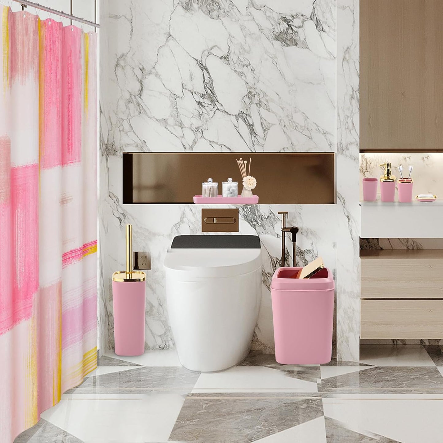 Pink and Gold Bathroom Accessories Set, Bathroom Sets with Shower Curtain, Pink Bathroom Accessories with Trash Can, Soap Dispenser, Soap Dish, Toilet Brush Holder, Qtip Holders for Bathroom