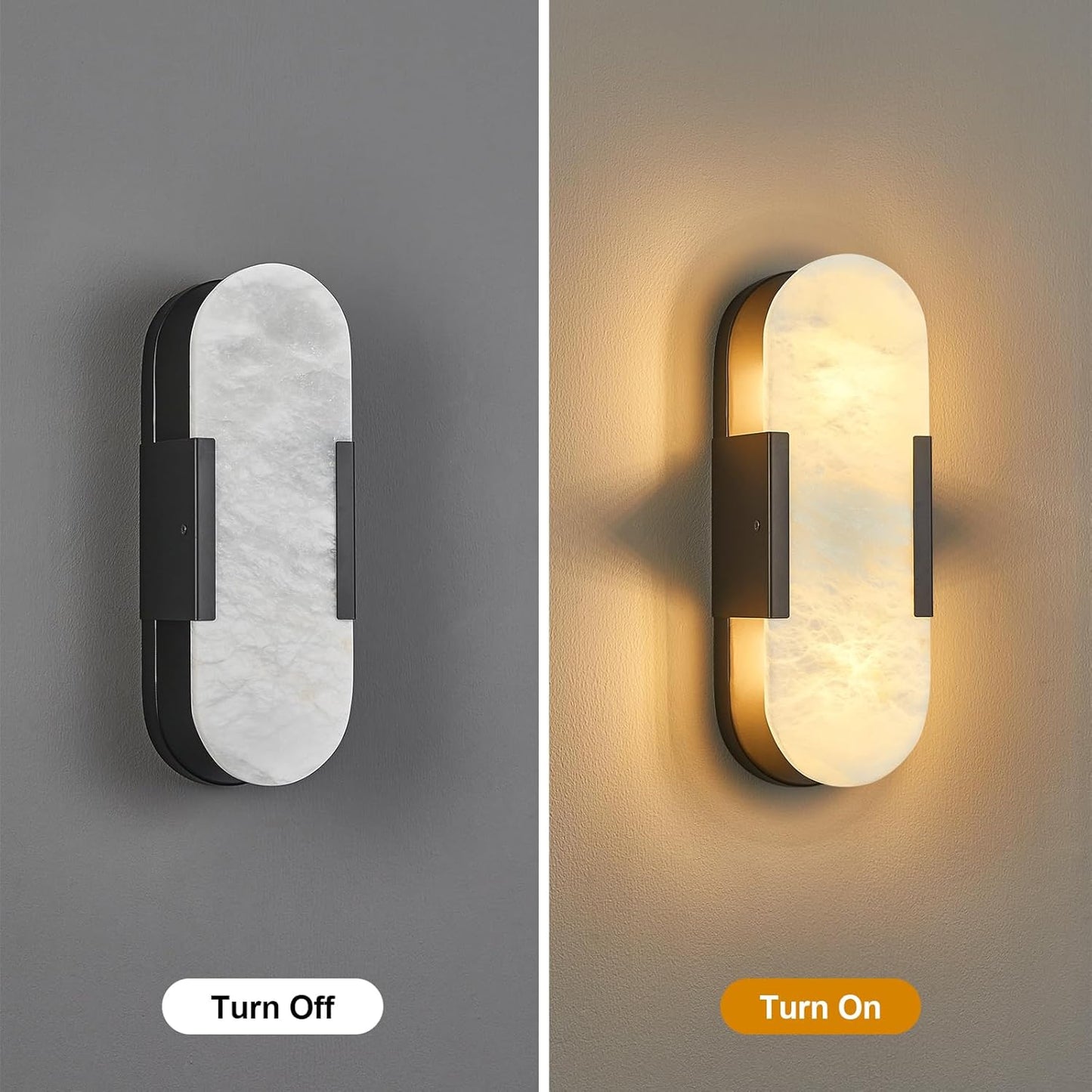 Alabaster Wall Sconce, Modern Natural Marble Wall Sconces for Indoor Lighting, 13.8 in Black Wall Lights for Bathroom Dining Room Stairs Bedroom (1-Pack)