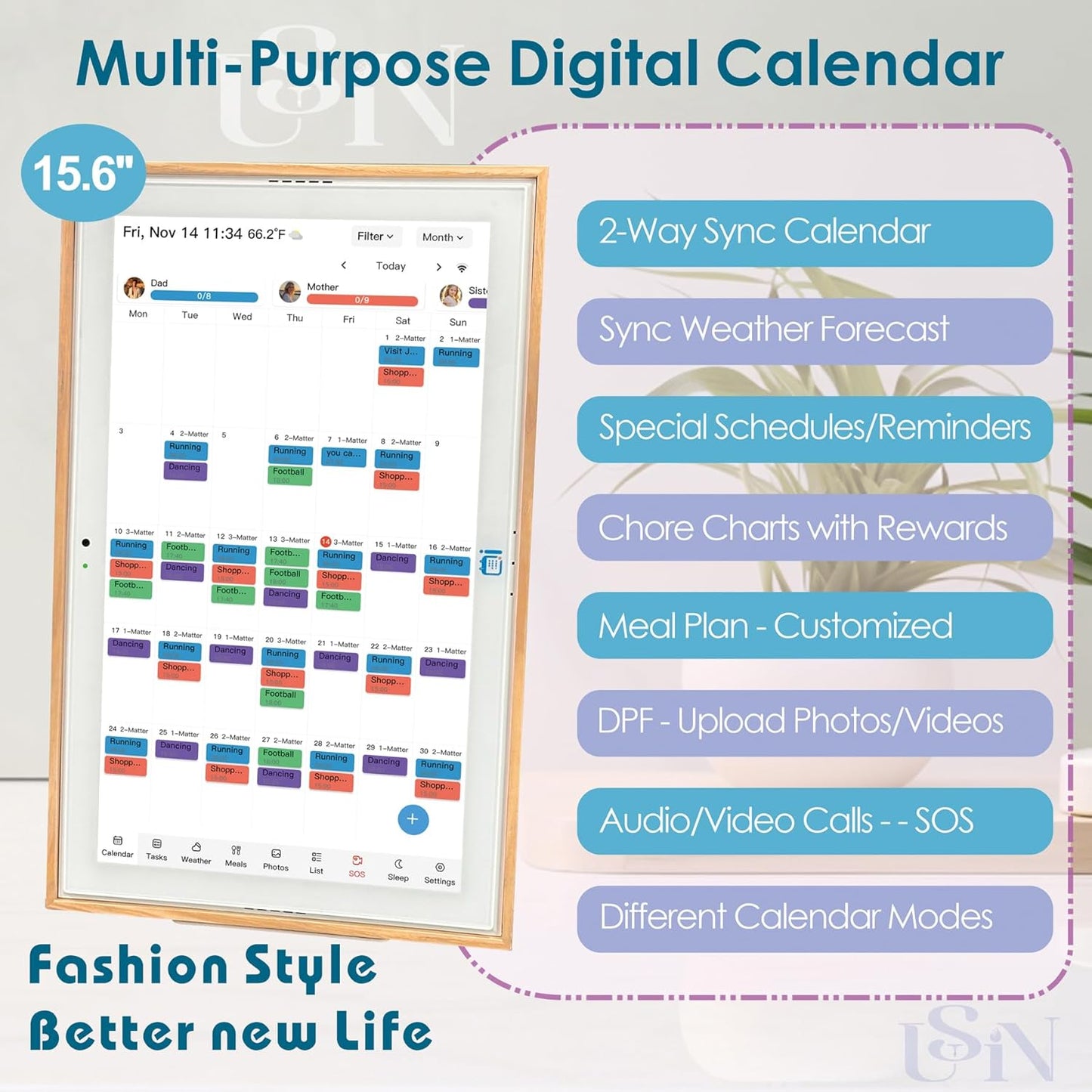 USIN 15.6 inch Wooden Digital Calendar, Wall Touch Screen Home Organizor, Family Chore Charts and Meal Planner, Interactive Display schedule, Desk and Wall Mounted, Electronic Calendars with Free App