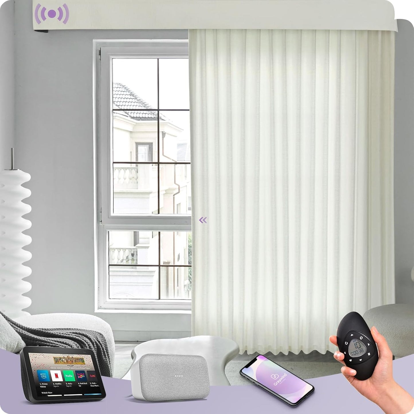 Graywind Rechargeable Smart Curtains Compatible with Alexa Google Remote Control Automatic Drapes for Sliding Door Room One-Way or Split Draw Joinable Curtain Custom Width Up to 220"(Mose)
