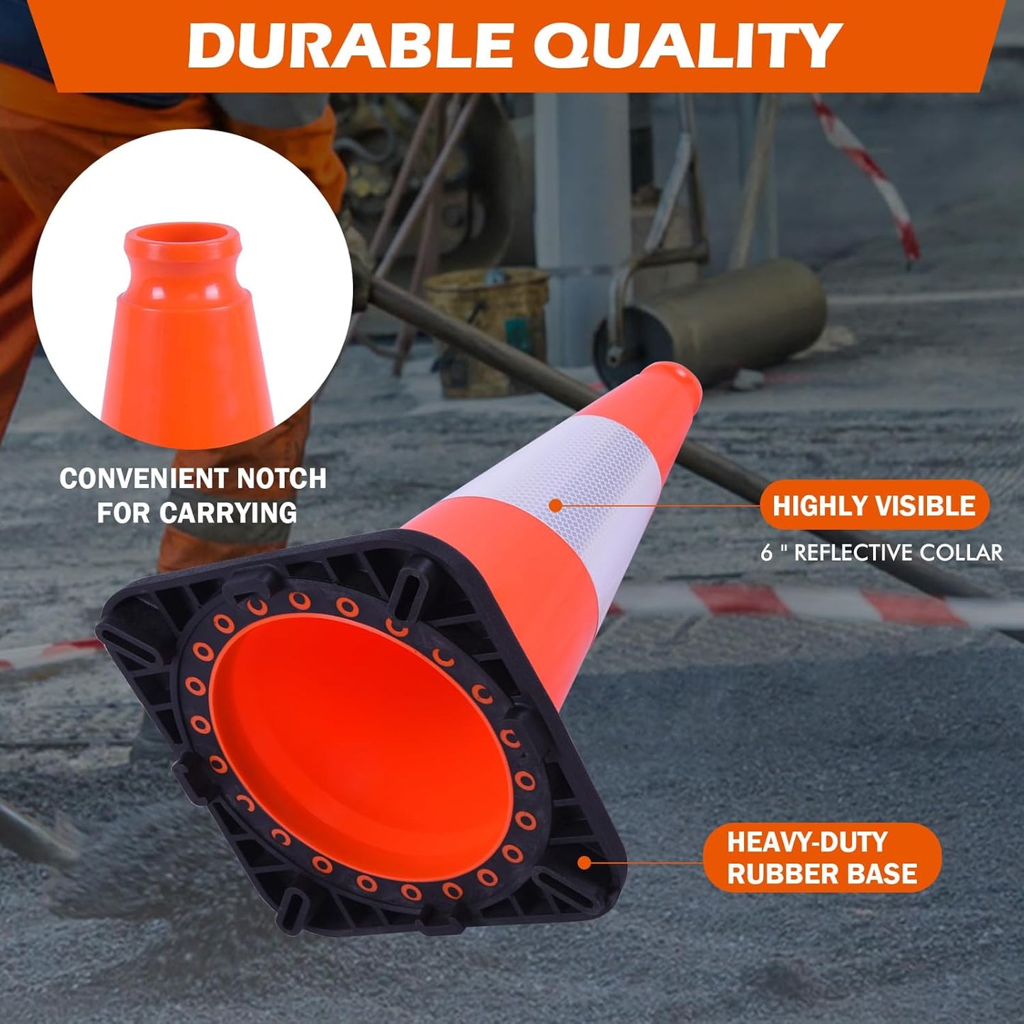 6 Pack 18 Inch Orange Reflective Traffic Cones, Black Base PVC Safety Cones for Construction Sites, Parking Control and Hazard Marking (6, Orange, 18 Inch)