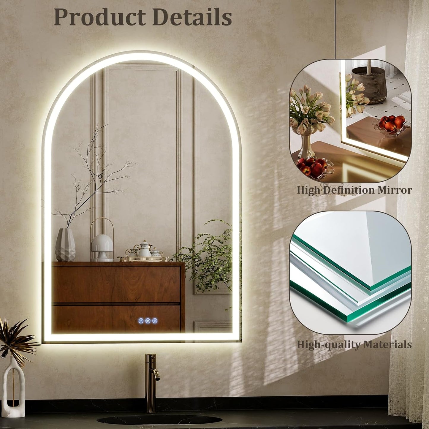 BEAUTYPEAK LED Arch Bathroom Mirrors with Lights, 36x24 Arch Mirror with Metal Frame, Anti-Fog,LED Mirror with Front Light and Backlit, Memory Function for Bathroom, Dressing Room