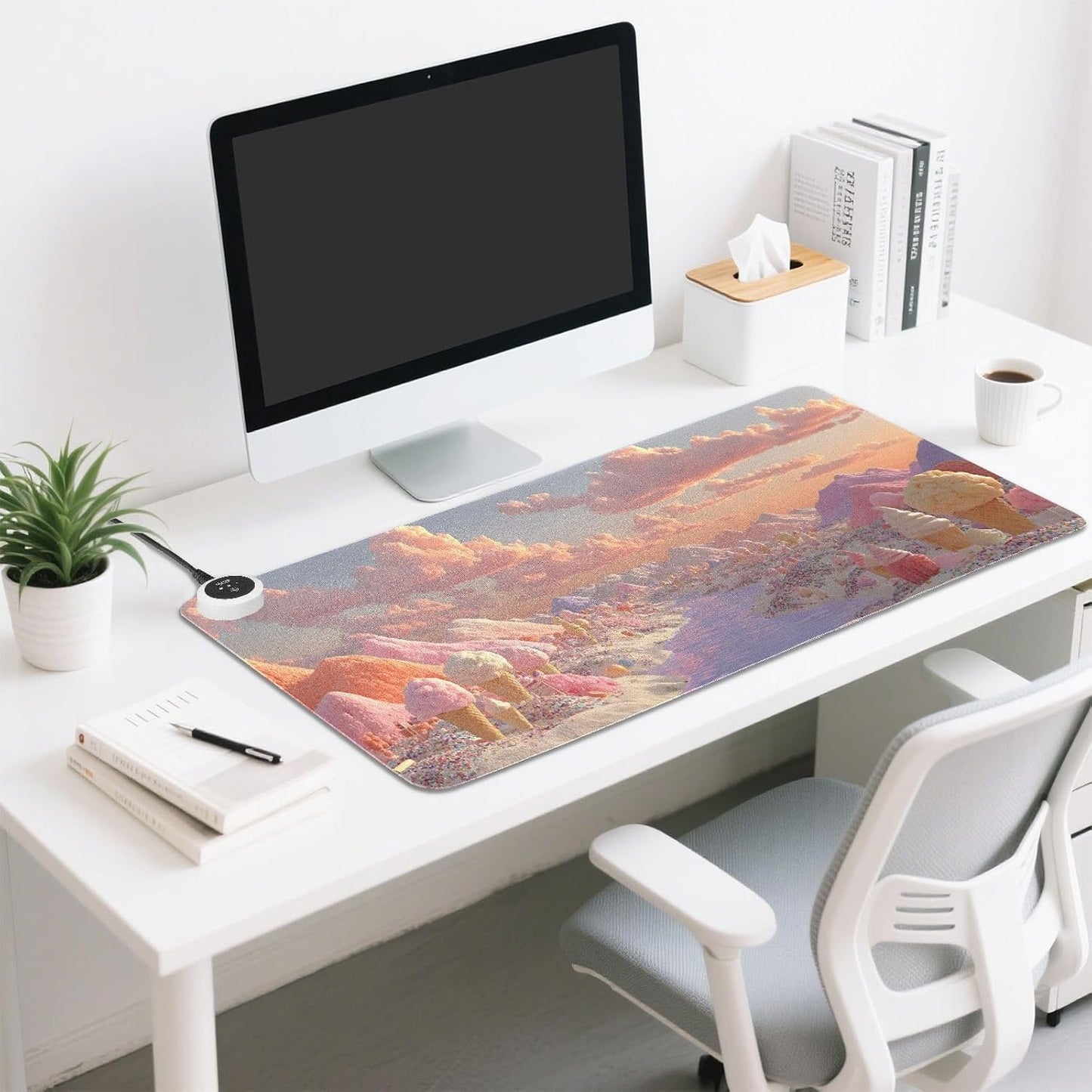 Large Heated Mouse Pad,Leather Desk Mat,31.5"x13",Hand Warmer Pads for Desk,Cream(Orange)
