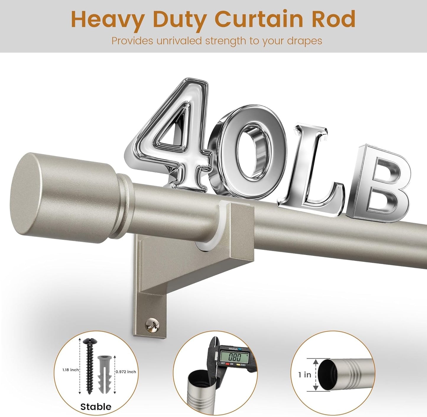 Nickel Aluminium Curtain Rods for Windows,1 Inch Adjustable Curtain Rod 48 to 84 Inch,Heavy Duty Drapery Rods with Thicken Bracket,Modern Single Rod with Aluminium Finials