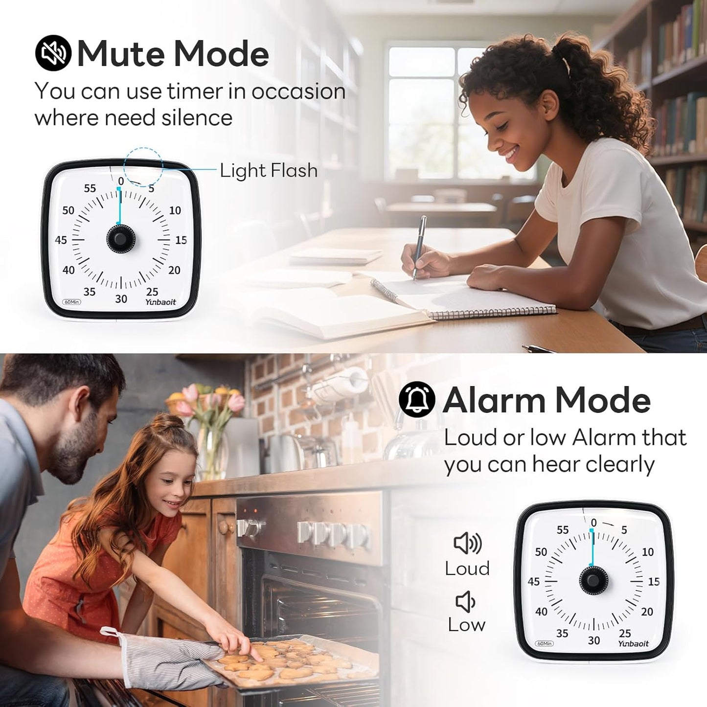 Yunbaoit Visual Timer with Night Light, 60-Minute Countdown Timer for Kids and Adults, Silent Classroom Timer, Time Management Tool for Home, School, or Work (Dark Black)