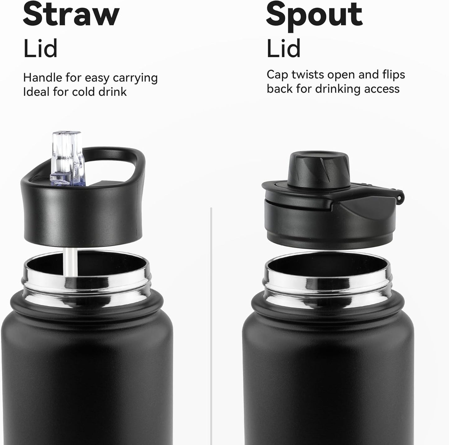 24oz Insulated Water Bottle with Straw Lid, Stainless Steel Metal Water Bottle with Straw & Wide Mouth Lid, Double Wall Vacuum Water Bottle for Hiking Camping, Black 1 Pack