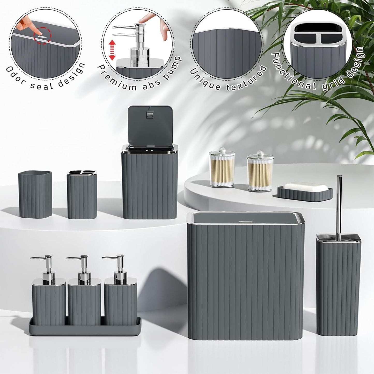 Bathroom Accessory Set - Bathroom Set, 27PC Bathroom Accessories Set, Grey Bathroom Sets with Shower Curtain and Rugs, Mini Trash Can, Toilet Brush, Trash Can & Soap Dispenser