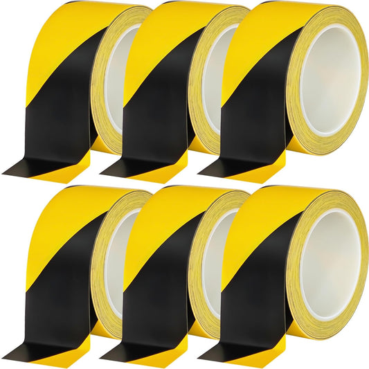 Beieverluck 6 Rolls Black & Yellow Caution Tape Roll 2'' x 108 FT Warning Safety Tape Floor Marking Tape Hazard Tape for Warehouse, Gym, Walls, Pipes and Equipment