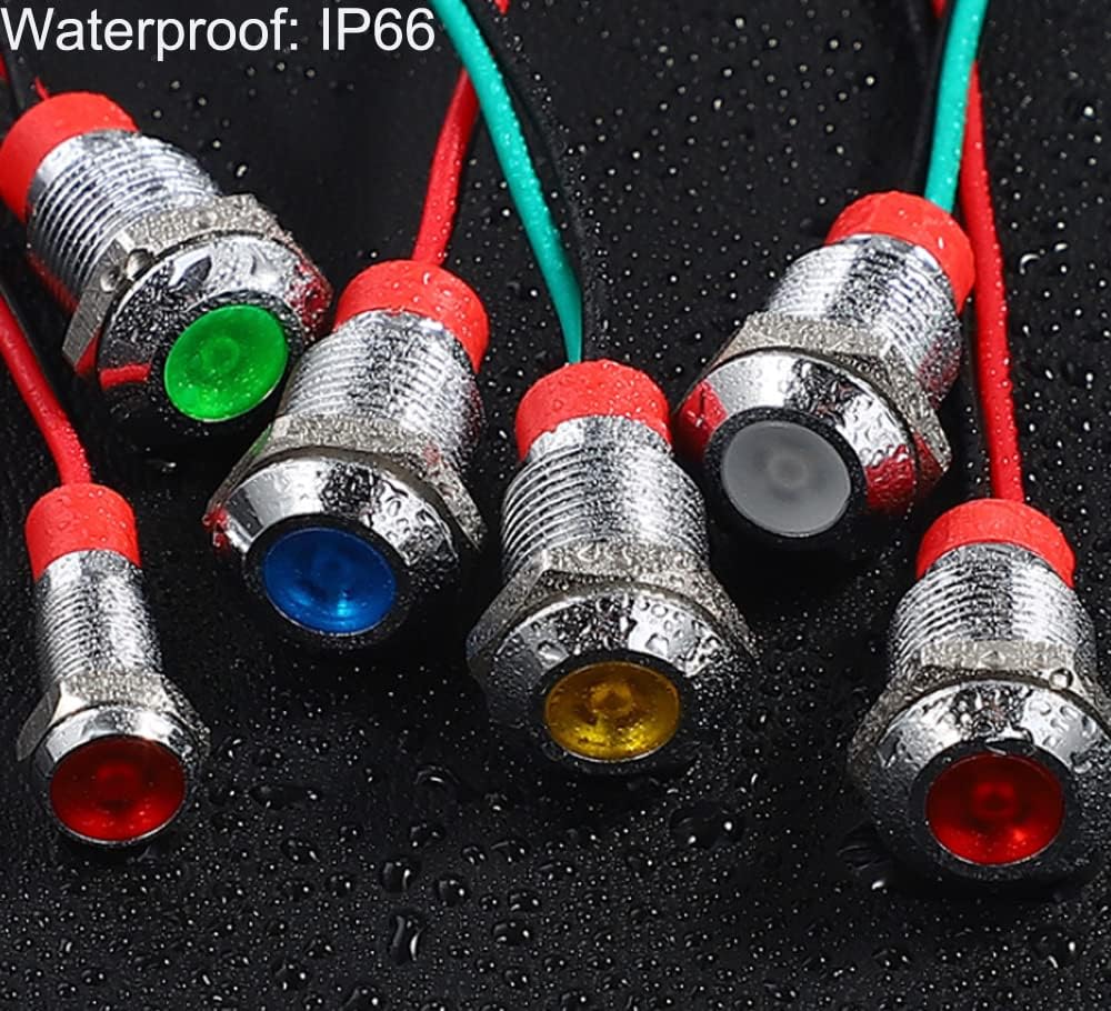5pcs AC/DC 12-24V White 10mm Energy-Saving LED Metal Indicator Light Waterproof Signal Lamp with Wire
