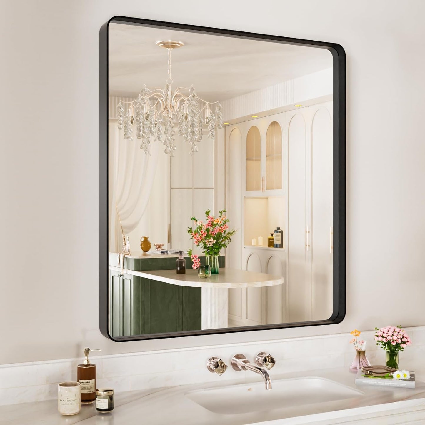Black Metal Framed Bathroom Mirror for Wall,32X36 Rounded Rectangle Mirror, Matte Black Bathroom Vanity Mirror Farmhouse, Anti-Rust, Tempered Glass, Hangs Horizontally or Vertically